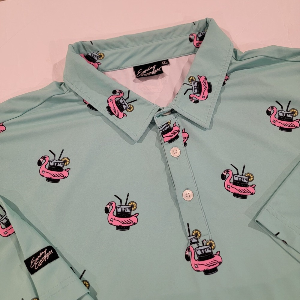 Sunday Swagger Golf Polo Shirt Mens 4XL Flamingo All Over Print AOP Short Sleeve